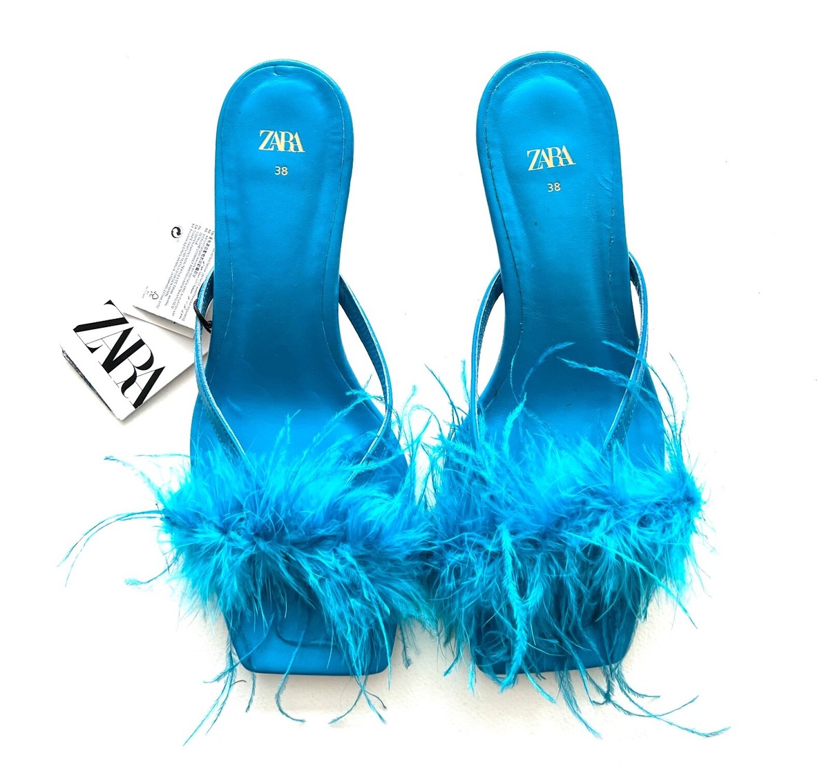 ZARA Fluffy LEATHER SANDALS with FEATHERS & KITTEN-HEELS