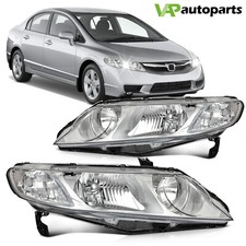 Headlights Assembly Set For 2006-2011 Honda Civic Sedan Chrome Housing Headlamp