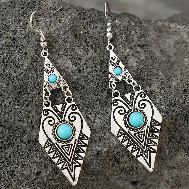 Pendientes Colgantes Tallados Forma Geométrica Turquesa Plateados Retro Bohemios Boho Nuevos Foto 3 de 4
