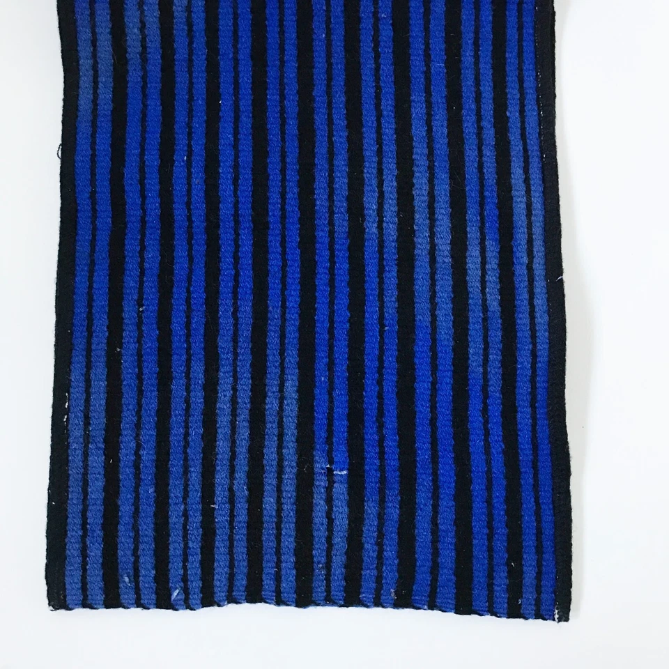 Vintage Handwoven Black and Cobalt Blue Striped Rectangular Wool Table Runner - Image 2 of 4