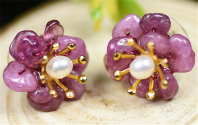 Original 925 Silver Stud Earrings Natural Pearl Tourmaline Handmade Earrings