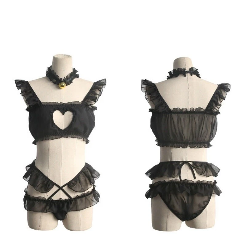 Women Lingerie Chiffon Lace Ruffle Frilly Bra Briefs Set Hollow Fancy Dress