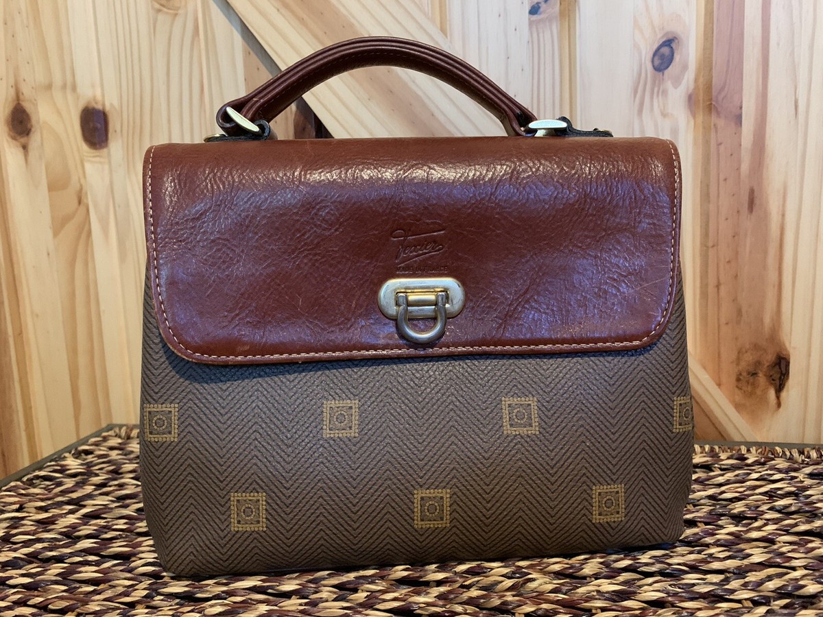 Vintage Texier Top Handle Purse Flap France PVC Brown Leather Logo 