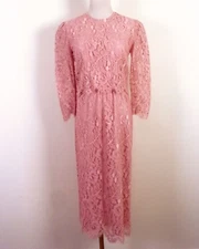 vintage 70s 80s Layered Pink Mauve Lace Eyelet Dress Pencil Cottagecore SZ 8