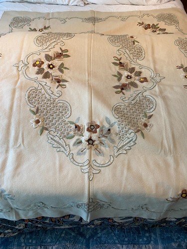 VTG Crewel, Embroidery, Needlepoint, Unfinished, Table Cloth 65” X 74” - Picture 3 of 11