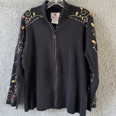 Quacker Factory Women Christmas Holly Berry Black Zip Up Cardigan M Bead  Sweater