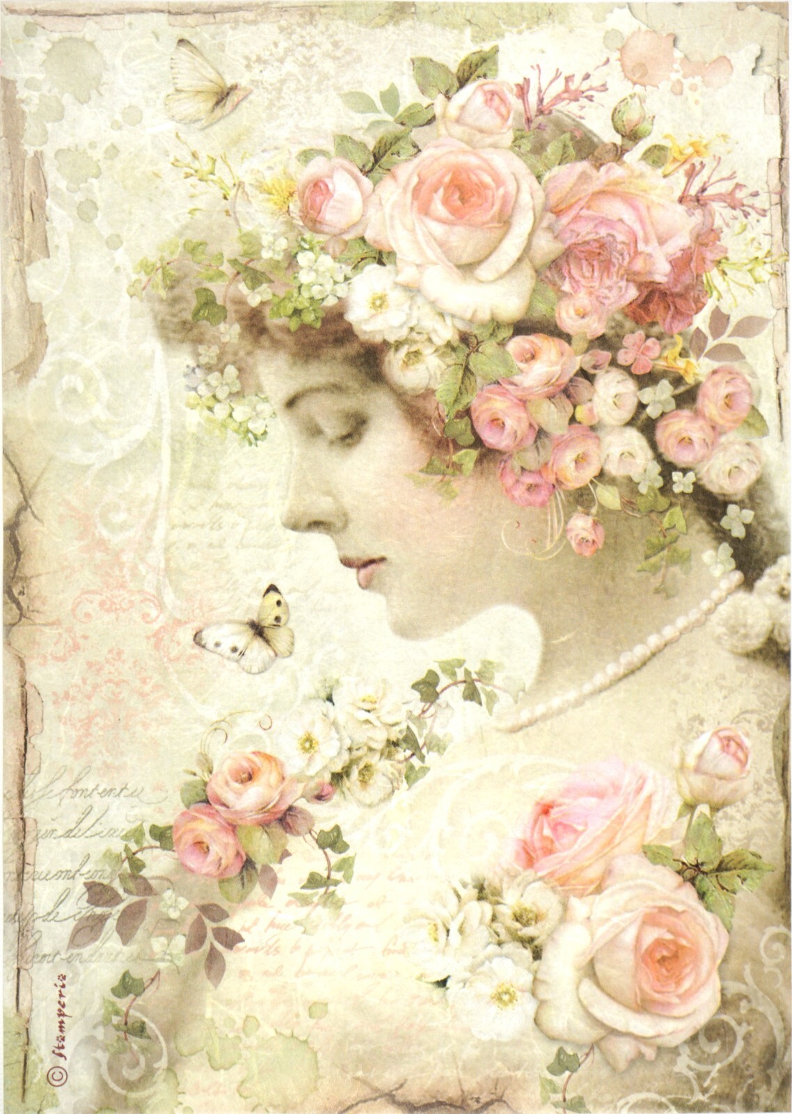 Papel de arroz Stamperia A/4 para decoupage - Rosas de perfil floral DFSA4224