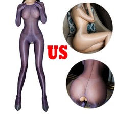 Womens Bodystockings Lingerie Glossy Sheer Jumpsuit Catsuit Club Nightwear