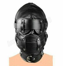 Leather Padded HoodBlindfold Head Restraints Harness Mask Bandage