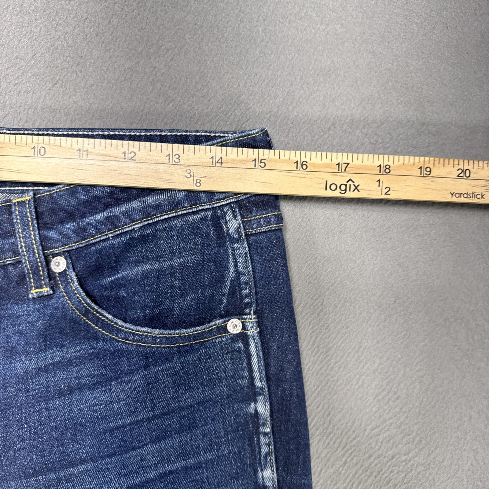 AMO Twist Jeans Womens 28x27 True Blue Distressed Faded Whiskers Dark Wash Denim