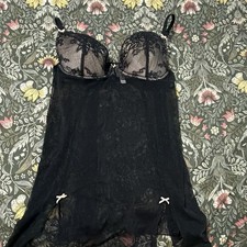 Gilligan & O'Malley Black Lace Mesh Padded Underwired Babydoll One Piece L