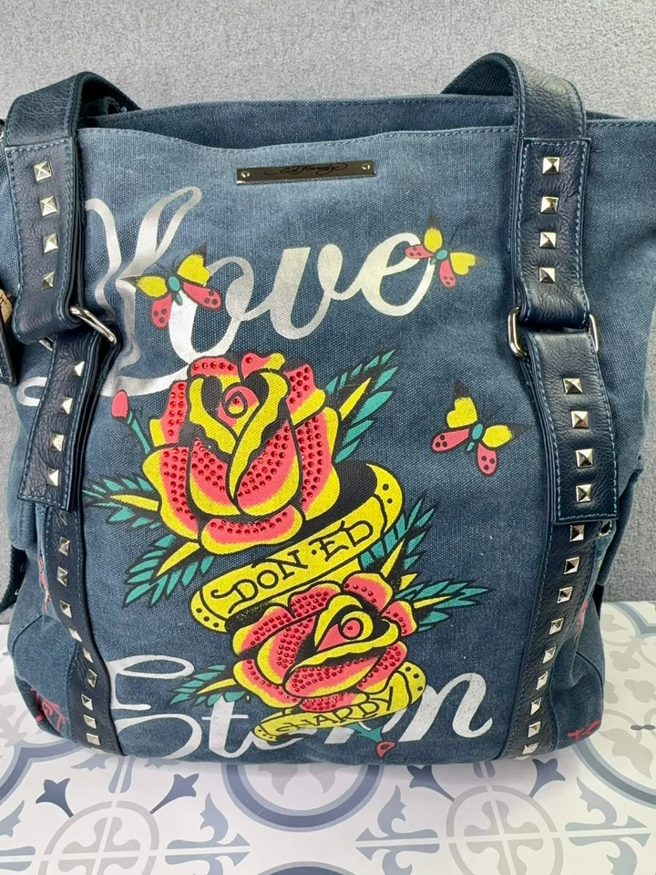 Vintage Y2K Ed Hardy Tote Bag Purse Love Eternal Tattoo Art Studs Large Retro - Image 2 of 4