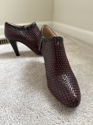 Woven Leather Prada Pointed-Toe Ankle Booties: Black and Bordeaux/Burgundy