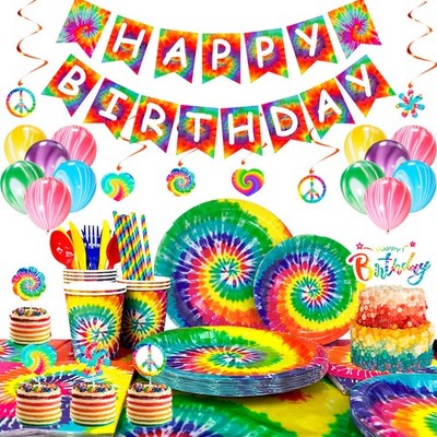 Colorful Rainbow Party Decoration Tie Dye Birthday Tableware Balloon Cake Topper