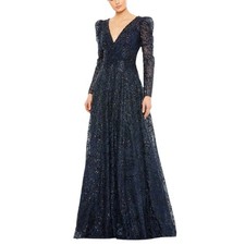Mac Duggal 20353 Blue Evening Gown Beaded Lace Long Sleeve A-Line Dress Size 10