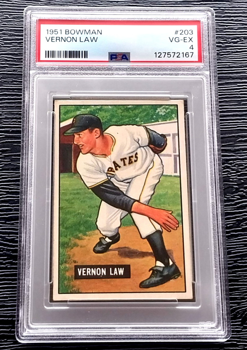 1951 BOWMAN VERNON LAW ROOKIE BASEBALL CARD #203 VERN ***CENTERED*** PSA 4 VGEX