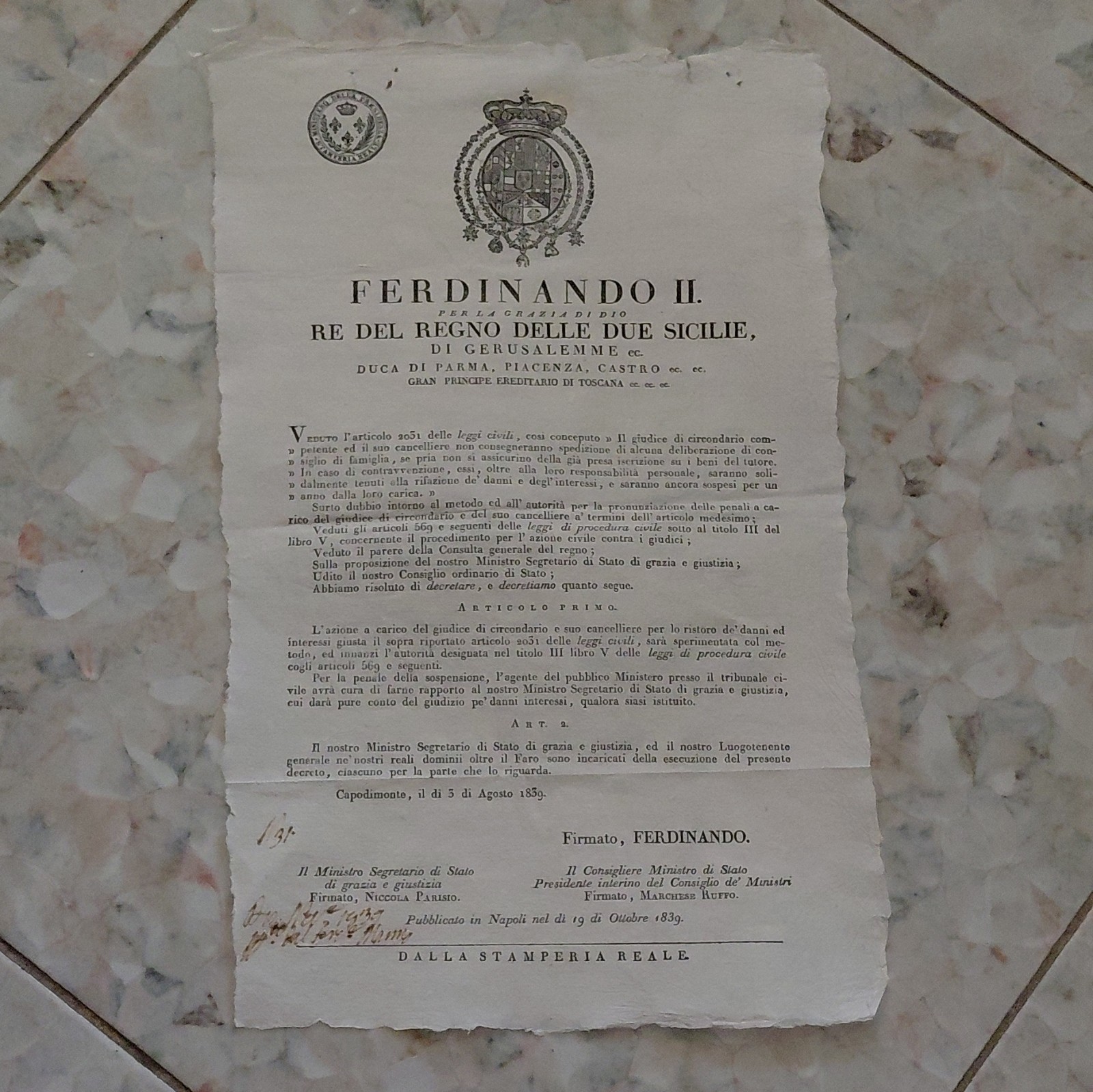 Ferdinando II Due Sicilie Decreto 5 Agosto 1839