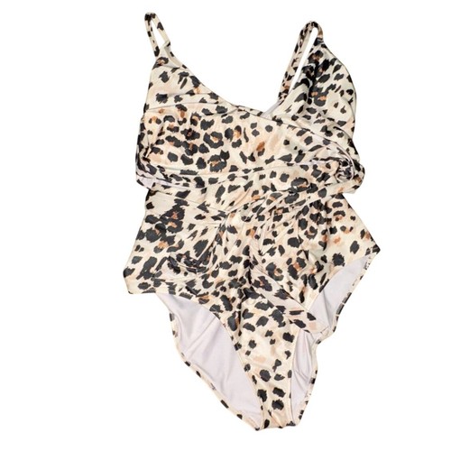 Aerie Leopard Wrap One Piece Swimsuit/Swimwear-Tan/Black-Size L-GUC - Picture 2 of 8