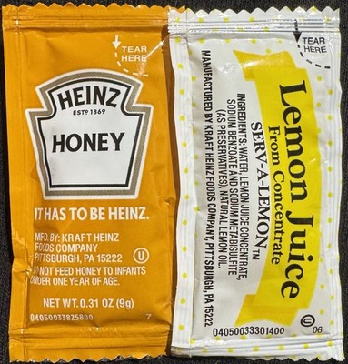 50 HEINZ Honey & 50 SERV-A-LEMON Lemon Packets - 100 Total