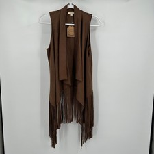 Womens Brown Faux Suede Fringe Vest Size S Boho Western Festival Layering Indie
