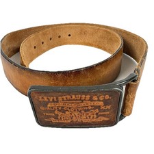 Levi Strauss  Co USA Leather Belt Brown Vintage Logo Buckle Distressed 38