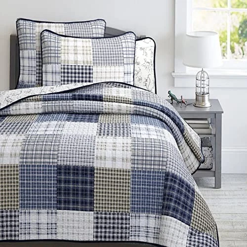 Lindo juego de edredón de cama Benjamin a cuadros azul marino blanco gris 100 % dinosaurio doble Foto 2 de 4