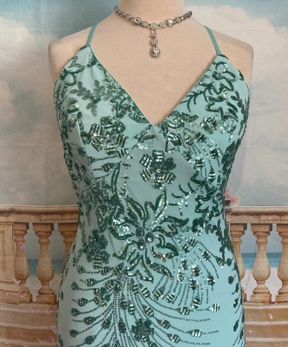 Dress 14 Green Sequin QUIZ Ballgown Fishtail Train Stretch Evening Crossback - Picture 3 of 9