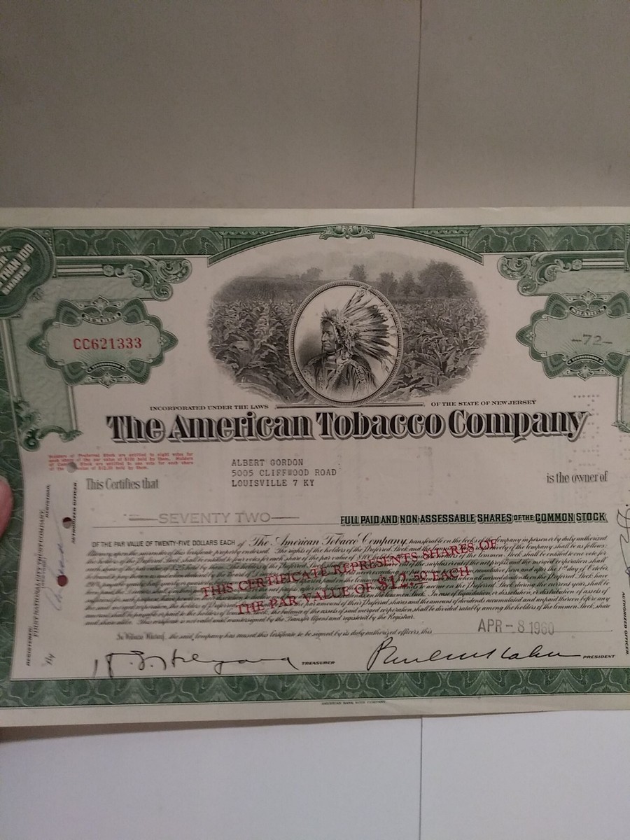 1960 The American Tobacco Co. 72 Shares Stock Certificate MJP 297