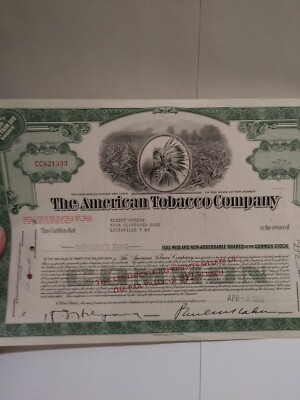 1960 The American Tobacco Co. 72 Shares Stock Certificate MJP 297