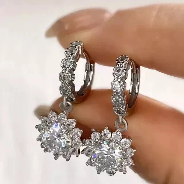 2.60Ct Round Moissanite Diamond Drop Dangle Earrings 14K White Gold Plated - Image 3 of 4