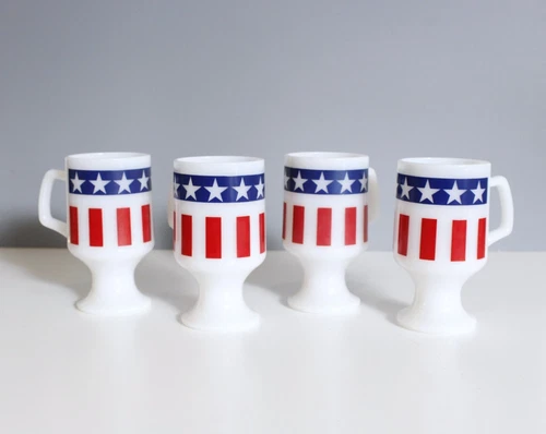 4 Vintage Milk Glass Mugs Stars & Stripes Red White Blue Patriotic Footed Cups