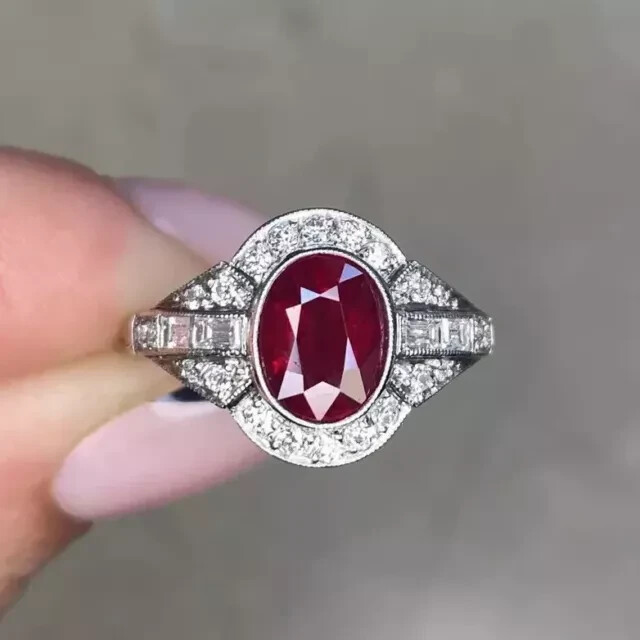 2.20Ct Oval Simulated Ruby Art Deco Wedding Ring in 14K White Gold Plating