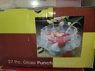 NIB Bali 27 Pc Glass Punch Bowl With Convertible Stand 12 cups 12 hooks Ladle 