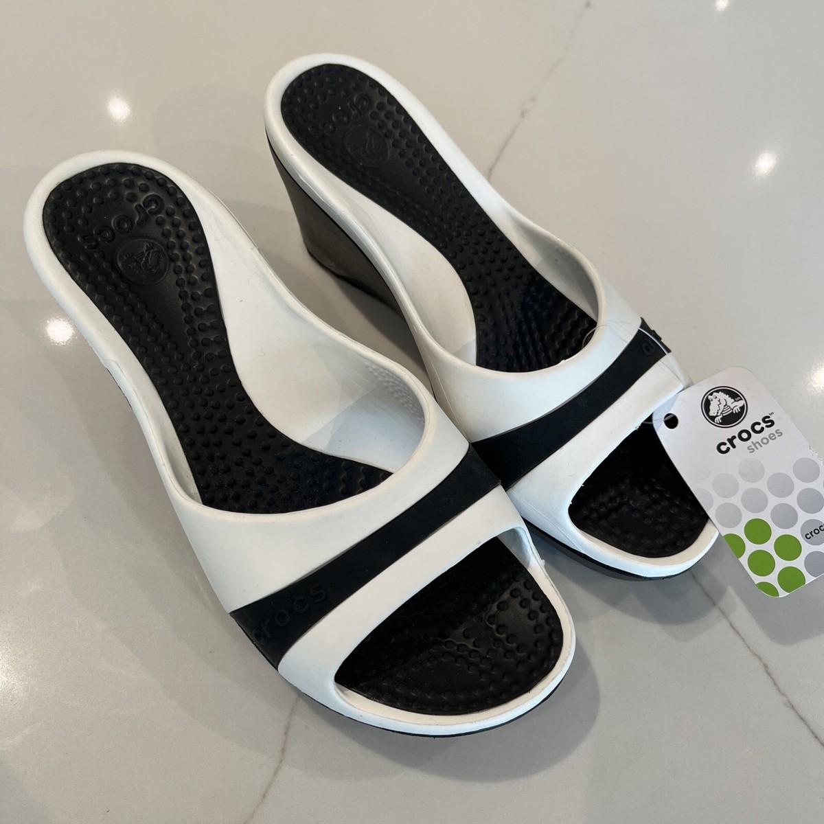 crocs / sassari  W7 (23cm)　white/silver CROCS Women 7 Sassari Comfort Slip On Slide White Black Wedge