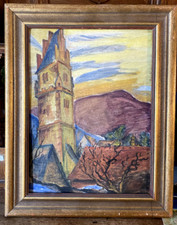 Castillo Torre Pintura Iglesia Marco Expresionista Antiguo Árbol Montañas Cielo Noche