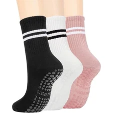 3 PAIRS WOMEN'S BARRE PILATES YOGA ANTI-SLIP GRIP MID CALF CREW TUBE SOCKS SET