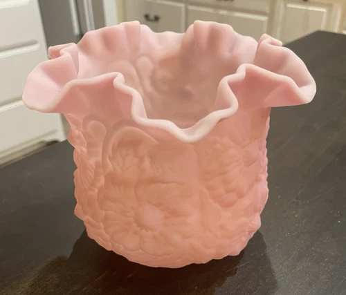 Vintage Fenton Art Glass Rose Satin Raised Poppy Vase 1970s - B69