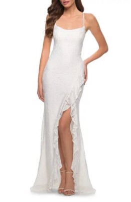 La Femme White Ruffle Edge Side Slit Rhinestone Lace Gown Size 2 $408