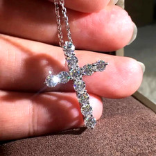 Shiny Zircon Cross Pendant Necklace 925 Silver Plated Jewelry Women Girls Gift