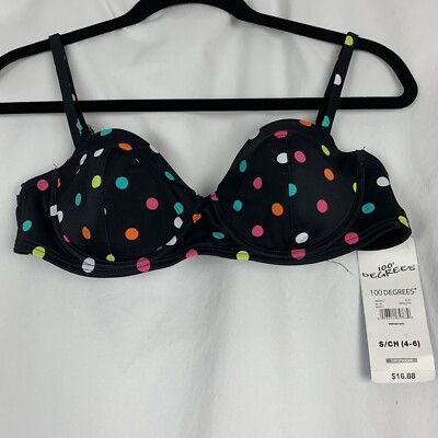 100 Degrees Floral Swim Top Black Polka Dots Women Sz S/CH 4-6 NWT Bikini