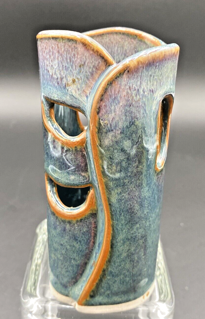 Bay Pottery Vase or Pencil Holder with Cut-out Leaves in Stormy Blue, Purple & Pink