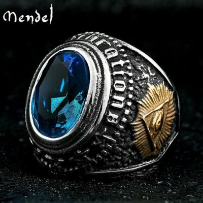 MENDEL Mens Gold Plated Illuminati Masonic Ram Blue Aquamarine CZ Stone Ring Men