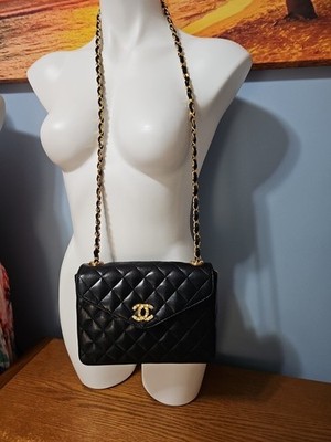 Vintage 1990's CHANEL Paris CC Black Quilted Satin Crystal Flap