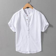 Summer Men's Cotton Linen Short Sleeve Shirts Casual Work Pullover Tops T-shirt