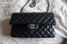 CHANEL Quilted Flap Shoulder Bag Black Leather Silver Chain Burgundy