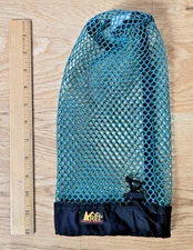 REI mesh storage bag, green, small, Laid flat: 11" x 6"; 4" diameter opening