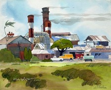 Original 1960s Regionalist Painting of the HOLLY SUGAR PLANT in SANTA ANA, CA