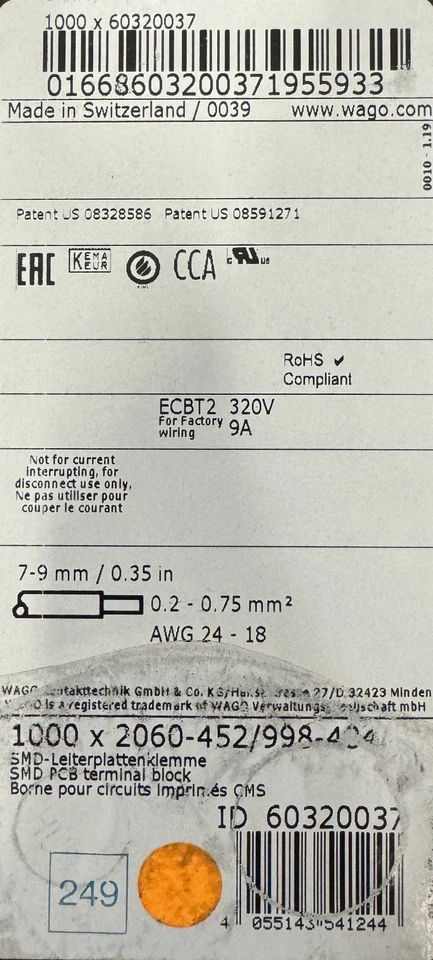 WAGO SMD PCB Terminal Block; Push-But 2060-452/998-404 (Coil of 1,000 Total) - Image 3 of 4