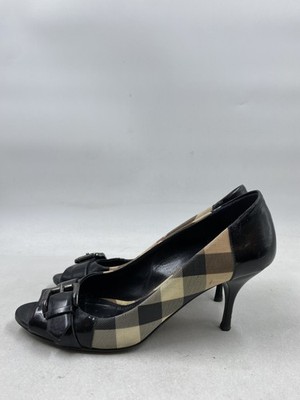 Burberry Black Leather Nova Check Canvas Buckle Peep Toe Pumps W 7