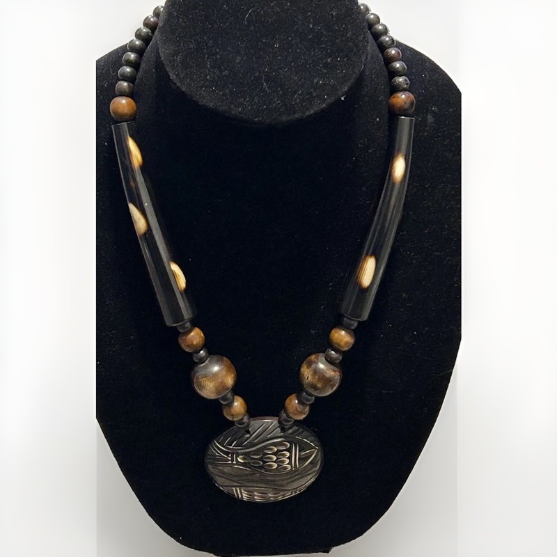 Tribal buffalo horn necklace with Round fish carved pendant